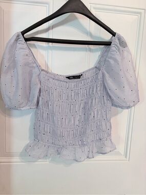 Zara Pale Blue Smocked Puff Sleeve Crop Top with Black Dot Detail